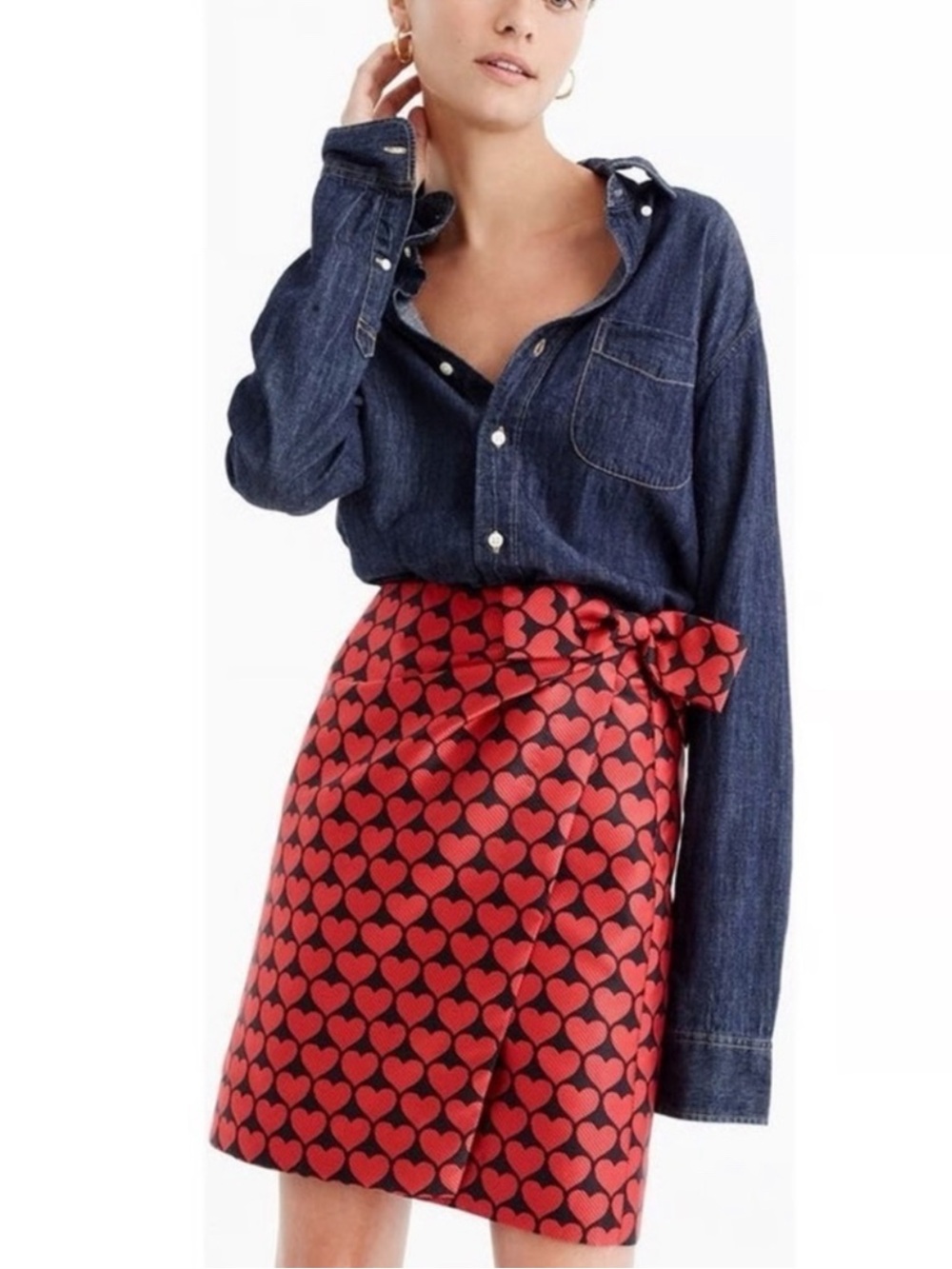 J. Crew Red Heart-Print Wrap Mini Skirt with Side Bow